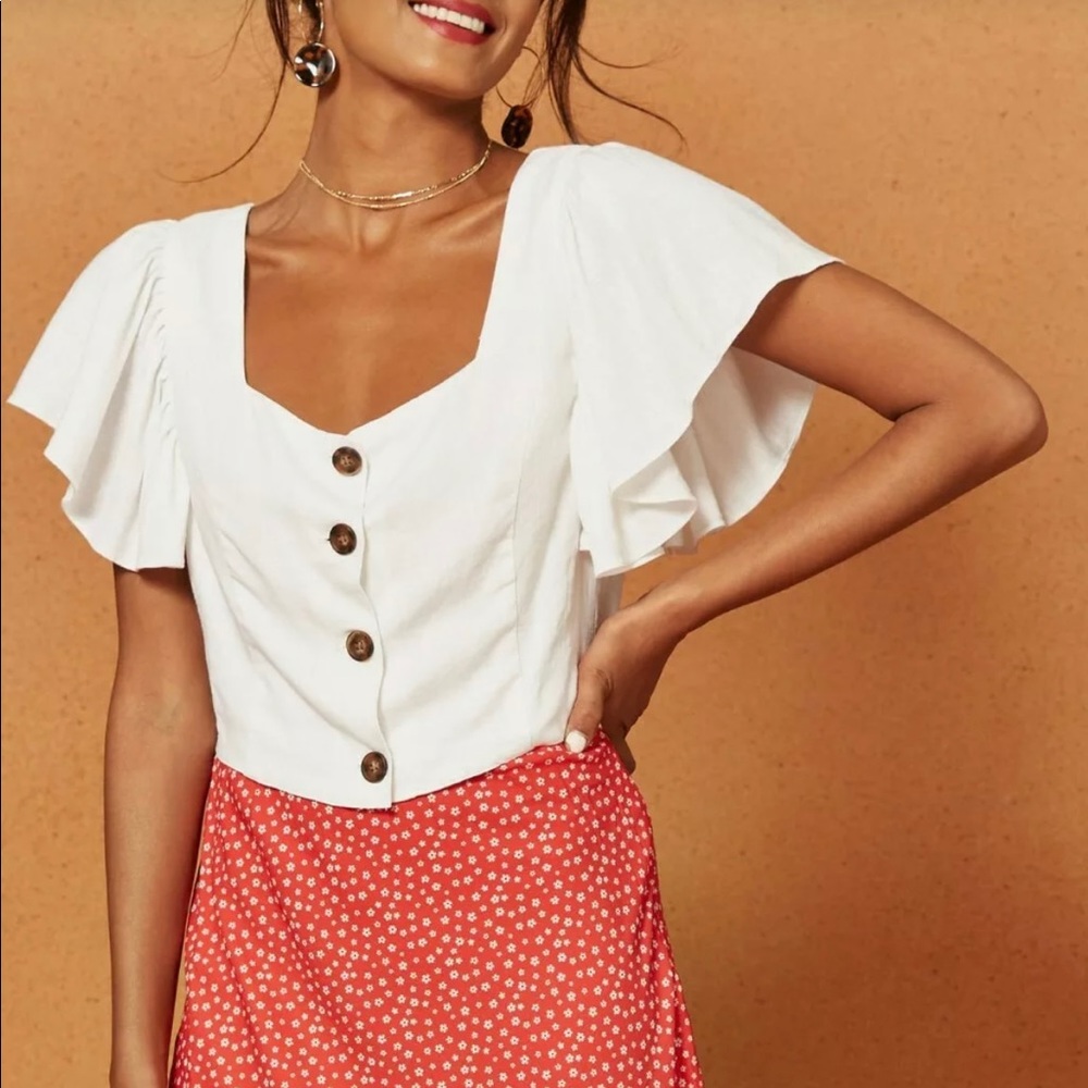 Charlie Holiday White Linen Crop Top w/ ruffle sleeves | XS (size 2)